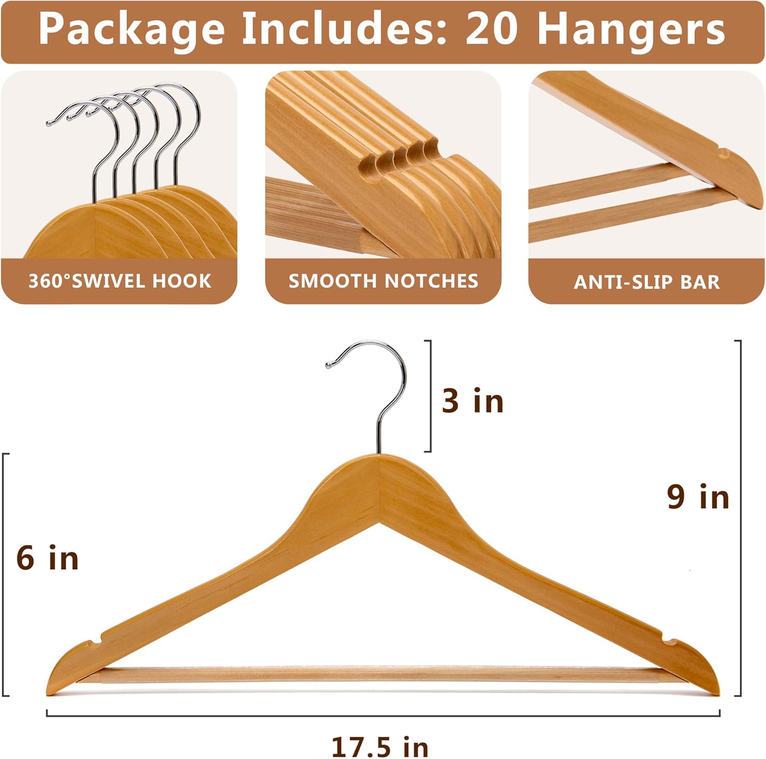 Wooden Hangers 20 Pack, Non-Slip Wood Hangers with 360°Swivel Hook & Notches, Durable & Slim Coat Hanger for Shirt, Suit, Jacket, Dress, Natural-HL01N2