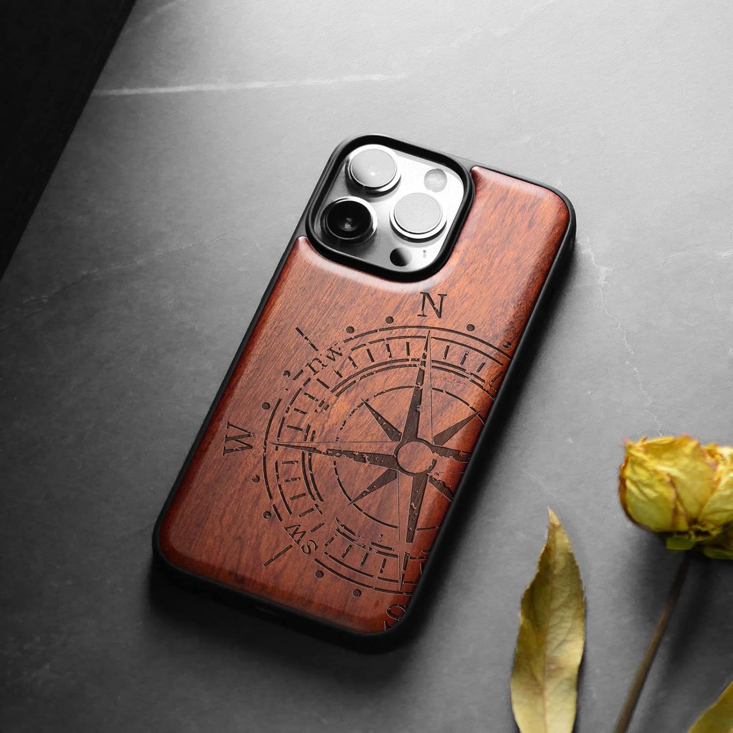 Carveit Magnetic Wood Case for iPhone 14 Pro Max [Natural Wood & Black Soft TPU] Unique & Classy Wooden Shockproof Protective Cover Compatible with magsafe (Vintage Compass -Rosy)