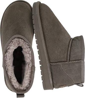 EVELLYHOOTD Genuine Suede Ankle Snow Boots for Women Men-Water Resistant Warm Flat Padded Winter Fuzzy Mini Boots with Cozy Faux Fur Lining
