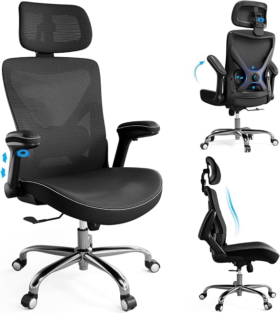 Ergalithic Accueil Bureau ergonomique Chaise-ordinateur X-Shaped Desk Chair Mesh PU Cuir avec support Lombaire réglable-Président Exécutif Haut Bureau de dossier avec accoudoir Armes Flip-Up pour longues heures (Noir)