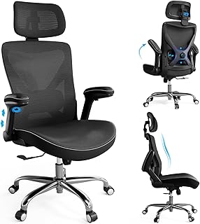 Ergonomic Office Chair-Computer X-Shaped Chair Mesh PU Leather with Adjustable Lumbar Support-Executive Desk Chair High Back with Headrest Flip-Up Arms for Long Hours (Black)