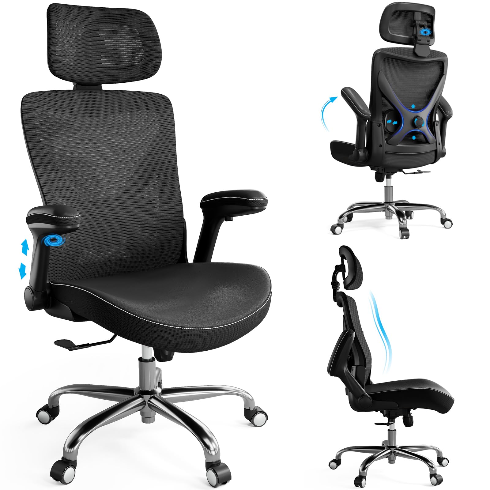 Ergalithic Ergonomic Office Chair-Computer X-Shaped Chair Mesh PU Leather with Adjustable Lumbar Support-Executive Desk Chair High Back with