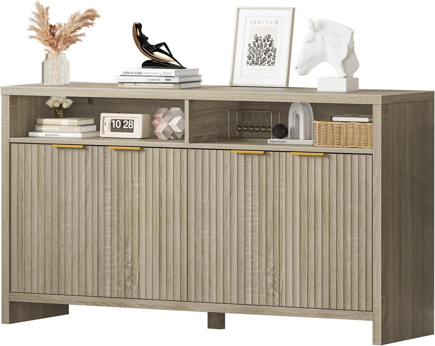 Fluted Office Cabint, Storage Cabinet with 4 Doors and 2 Adjustable Shelves, Multi-Functional Wooden File Cabinet Printer Stand for Home Office, Ash Oak