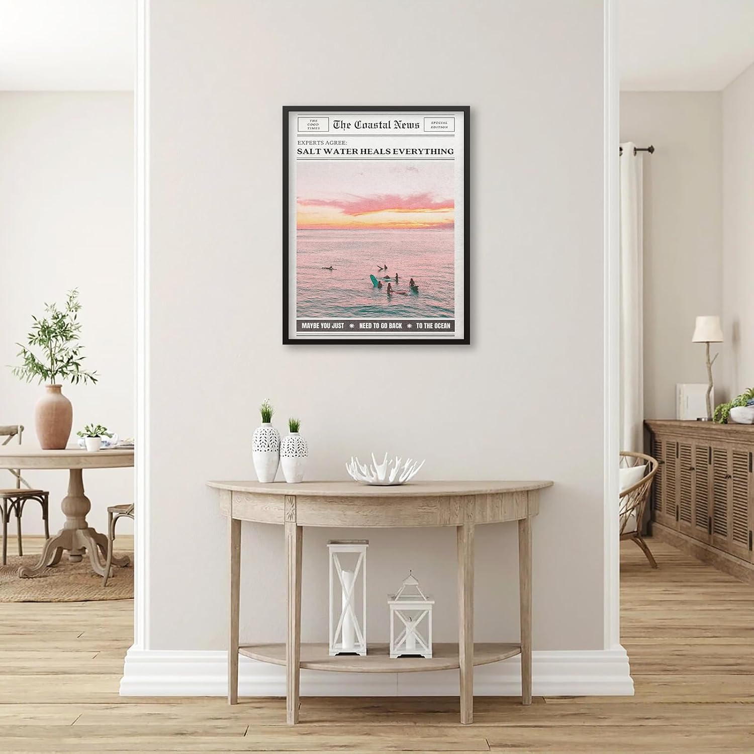 Pink Beach Newspaper Posters Vintage Fashion Coastal Girl Surf Wall Art 12X16 inch Black Framed Grainy Salt Water Heals Everything Canvas Prints for College Dorm Bedroom Wall Decor