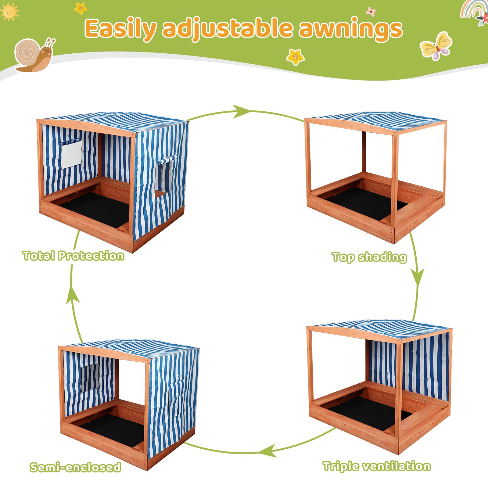 Kids' Outdoor Wooden Sandbox Large?Sandbox with Cover for Backyard with Rainproof and 3 Bench Seats,Outdoor Playhouse Cedar Wood,Sand Protection,Bottom Liner(58 Inch)