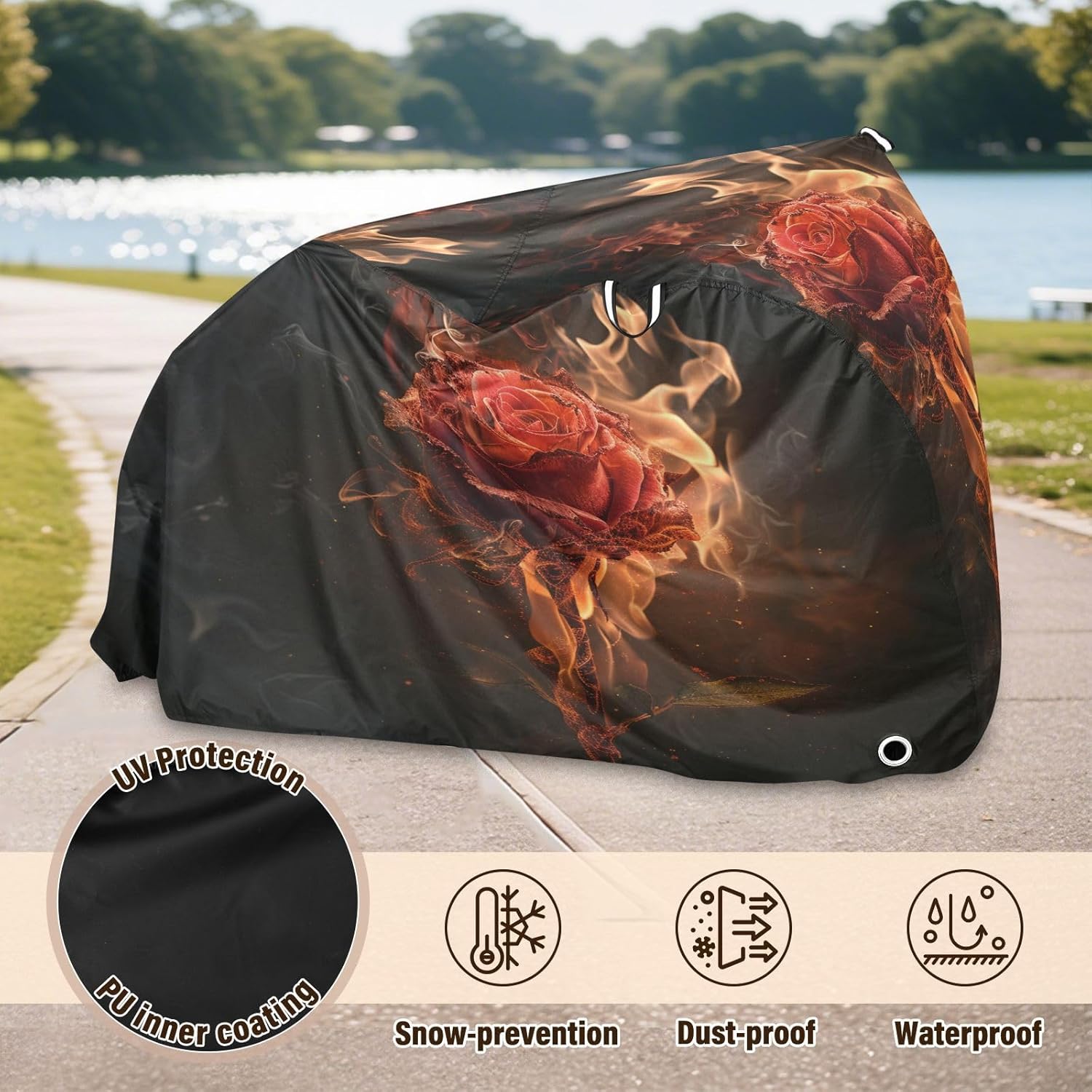 ALAZA Red Rose Flower Fire Bike Cover Waterproof Outdoor Ebike Bicycle Covers Tarp Protection for 1/2 Bikes, Sun UV Dust Wind Proof