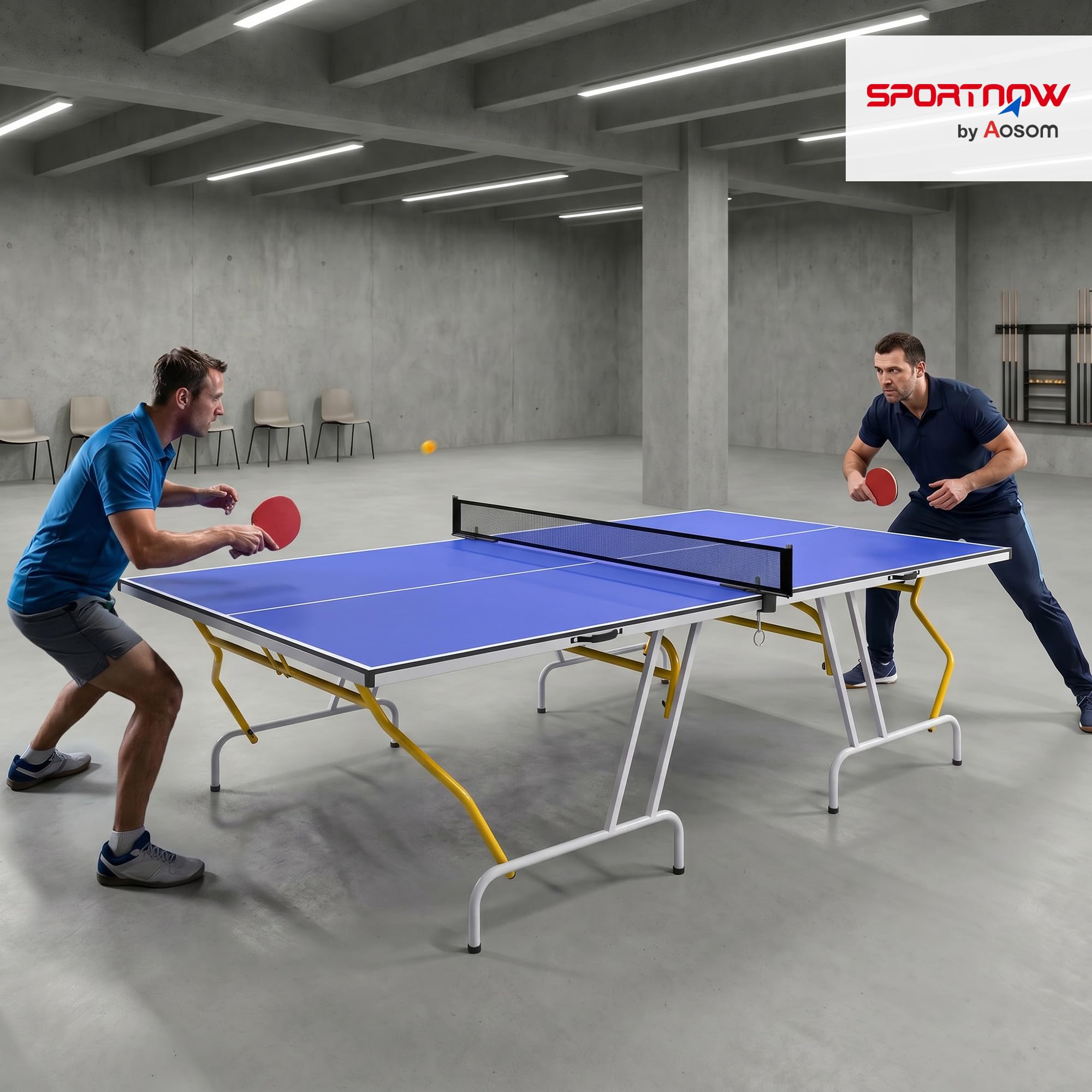 SPORTNOW Table de ping Pong Pliable en Quatre, Table de Tennis de Table intérieure, 2 Raquettes, 3 balles et Filet Inclus, 274 x 152,5 x 76 cm, Bleu