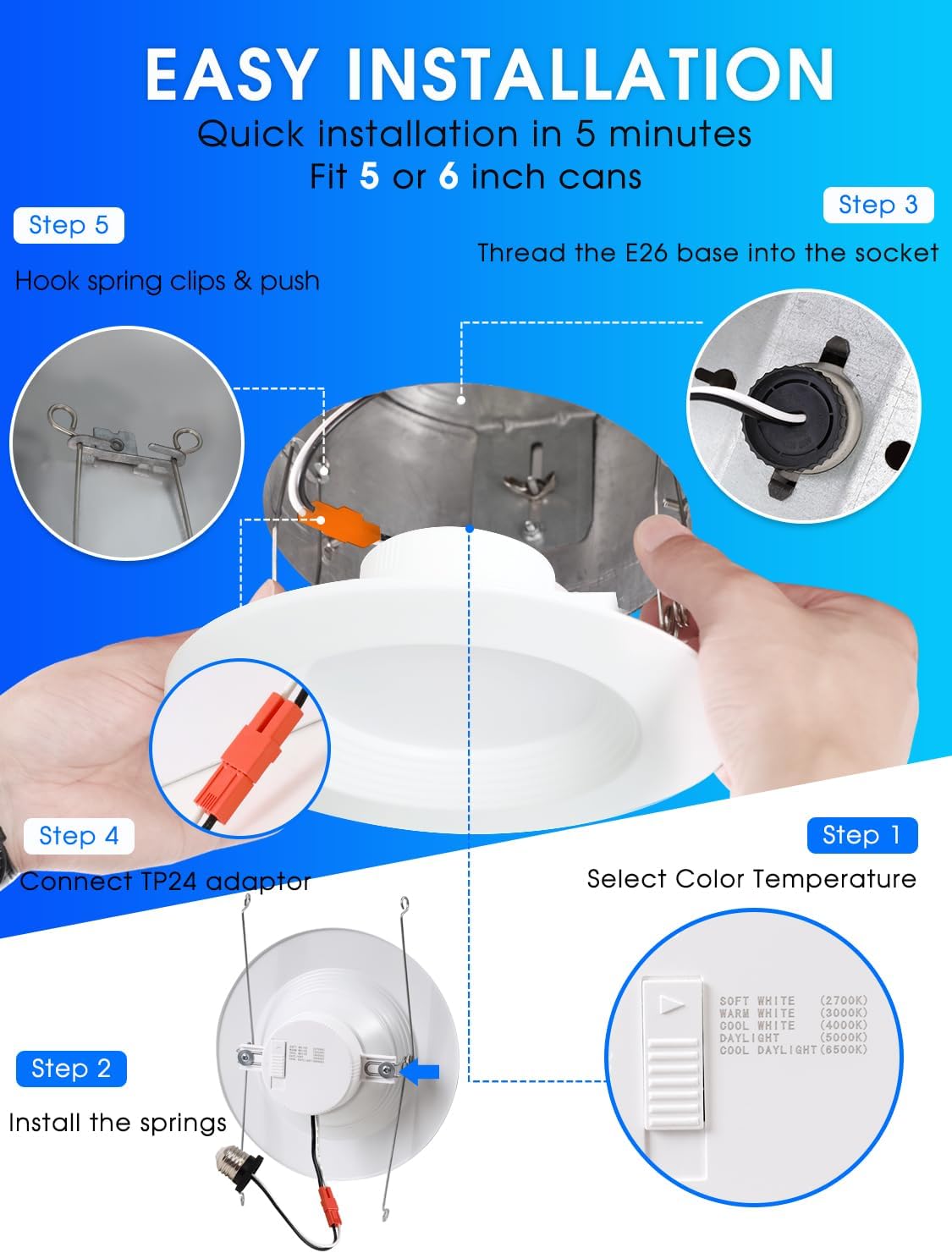 Energetic 12 Pack 5/6 Inch 5CCT LED Recessed Light Retrofit, 2700K/3000K/4000K/5000K/6500K Selectable, Dimmable Can Lights with Baffle Trim, 12W=150W, 1000LM, IC & Wet Rated, ETL & FCC Certified