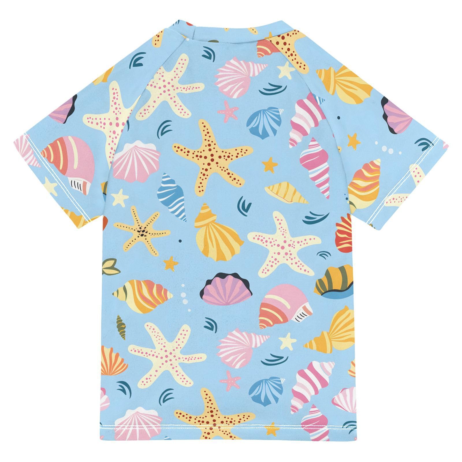 ALAZA Kids Rash Guard Boys Toddler Swim Shirts Short Sleeve Hand Drawn Sea Shells UPF 50+ 3T