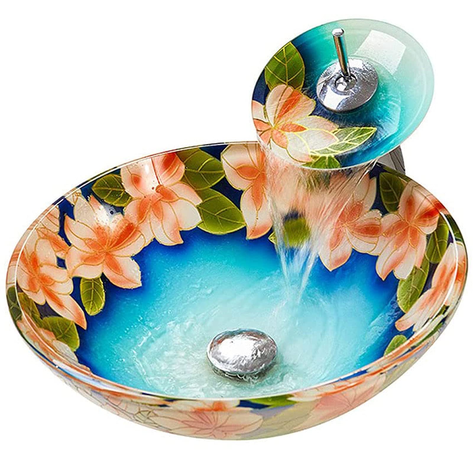 Vasque en verre trempé haute résistance avec robinet cascade inclus