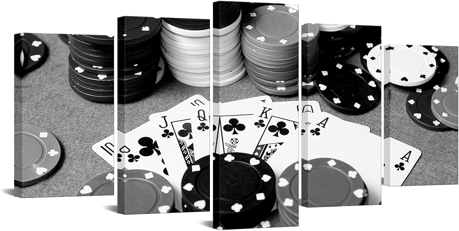 LevvArts - 5 Piece Canvas Prints Black and White Poker Picture Painting Wall Art for Pub Bar Casino Wall Decoration,Stretched and Framed Easy Hanging