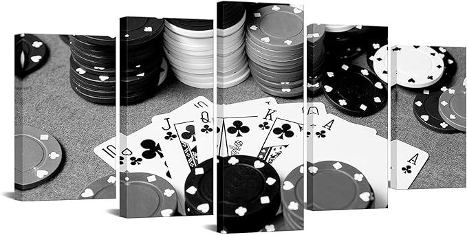 LevvArts - 5 Piece Canvas Prints Black and White Poker Picture Painting Wall Art for Pub Bar Casino Wall Decoration,Stretched and Framed Easy Hanging