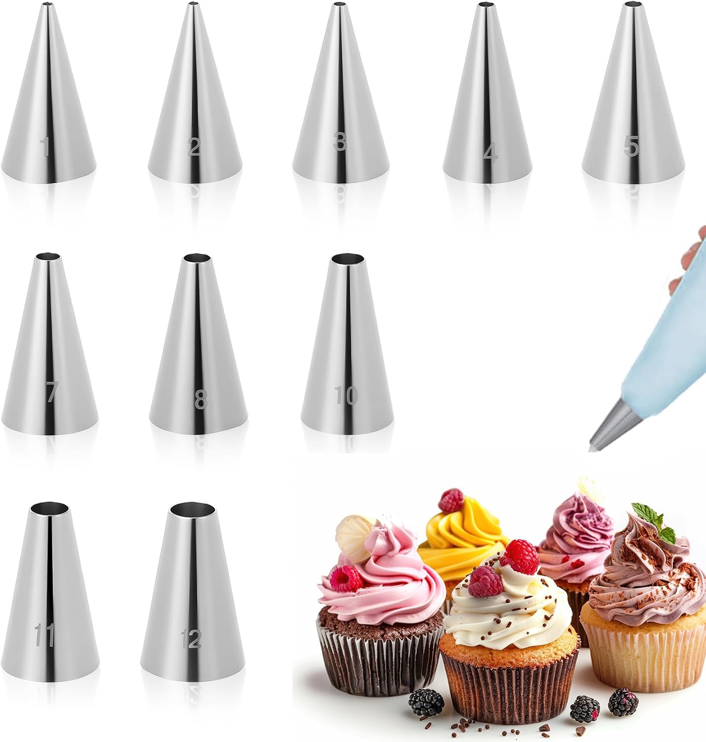 10 Pcs Icing Tips, Stainless Steel Icing Nozzles for Cake Decorating, Small Cake Piping Set for Cupcakes and Pastries,10 Size