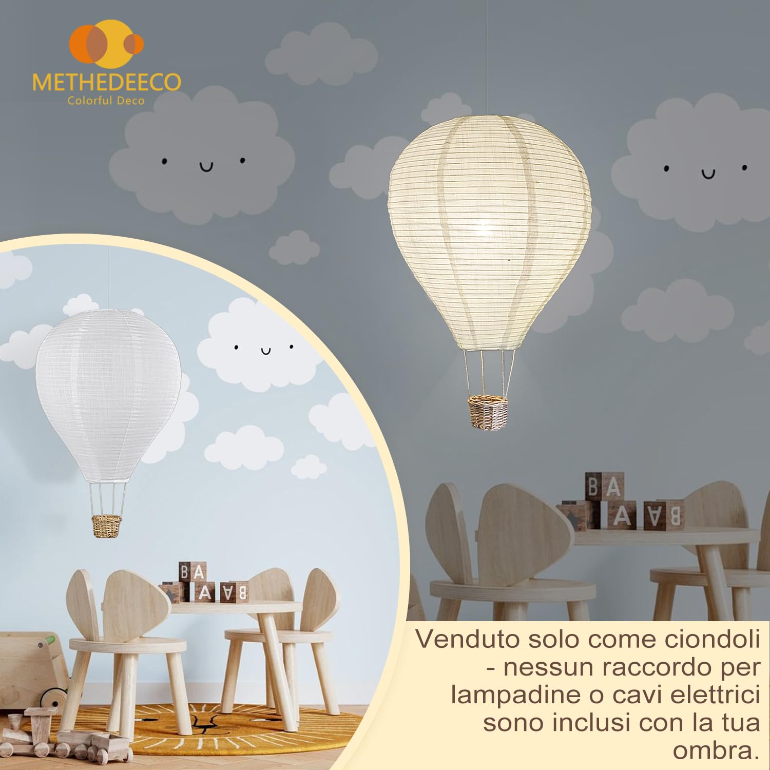 Mongolfiera Decorativa 2 Pezzi, Lampadario da Appendere 35cm, Paralume Bianco in Tessuto Fatto a Mano - Ideale Come Regalo, Adatto per Decorazione di Camera da Letto, Stanza dei Bambini e Feste