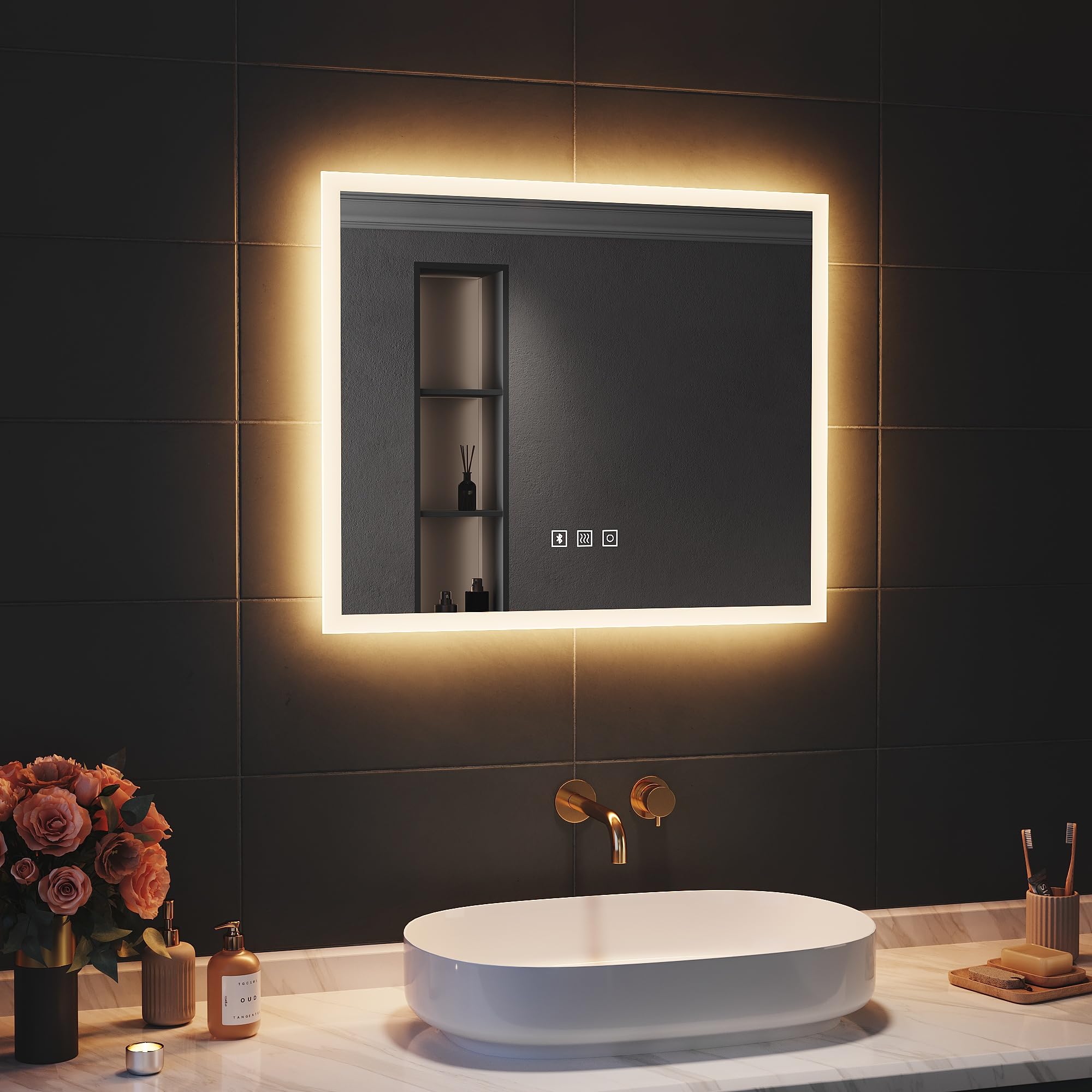 SIRHONA Specchio LED Bagno 80x60 Cm Con Lente Ingrandimento 3X, Orologio Digitale E Anti-appannamento - 4