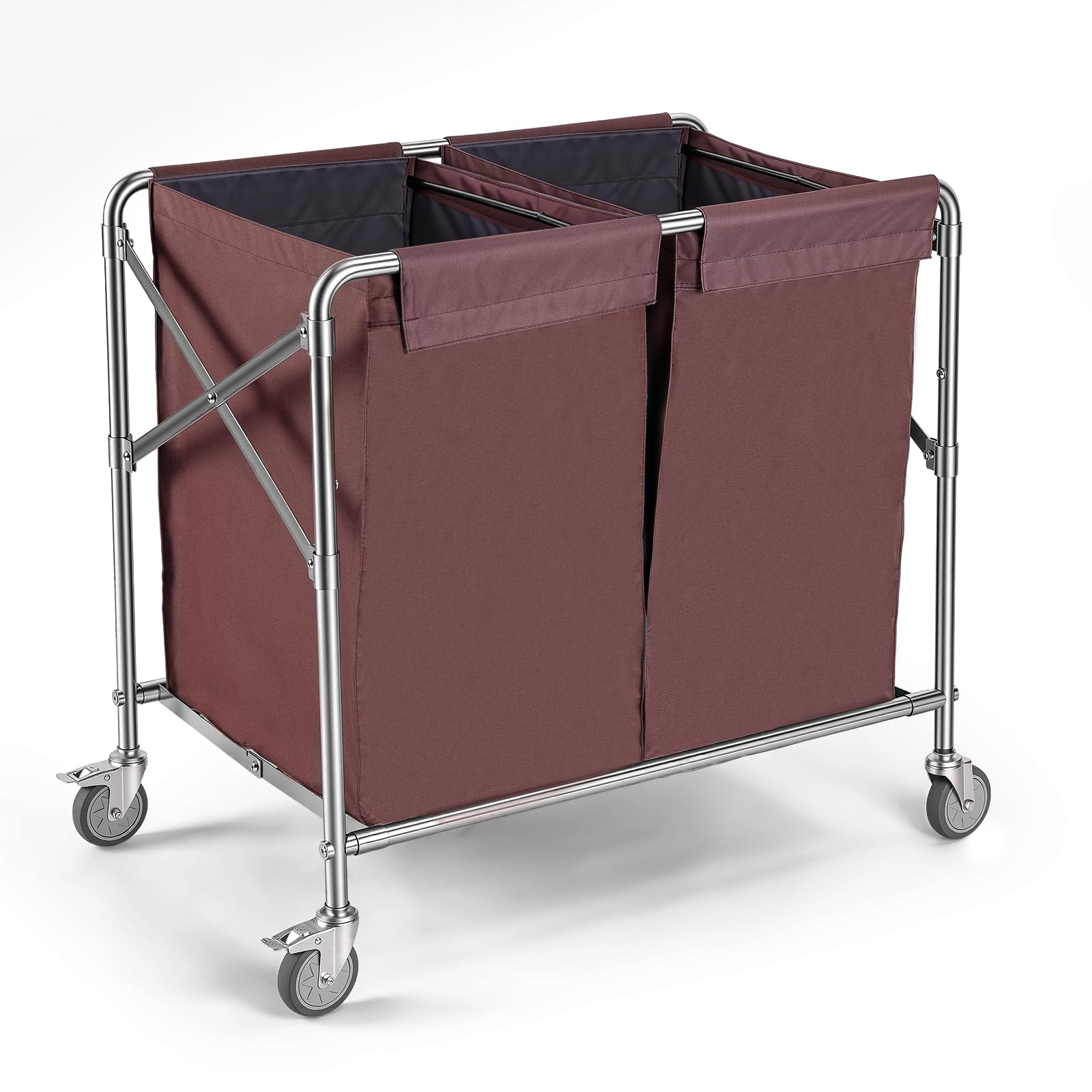 JYBNBBE Heavy-Duty Commercial Laundry Cart with Wheels- Large Capacity 450L Laundry Basket with Stainless Steel Frame and Waterproof Oxford Cloth, Laundry Sorter for Home, Hotel,Brown