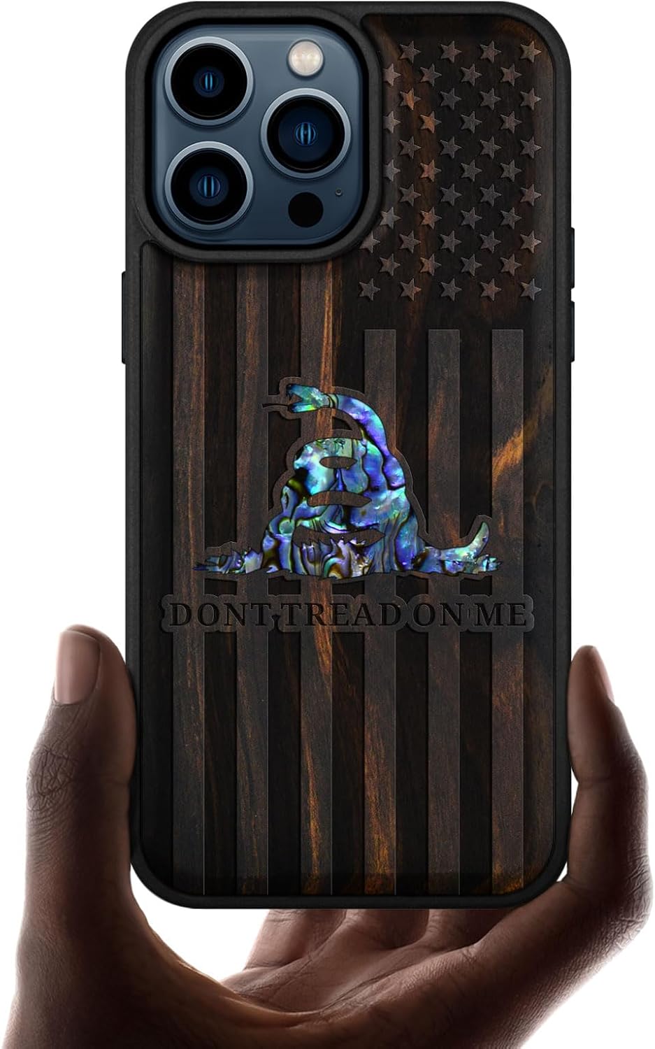 Carveit Wooden Case for iPhone 15 Pro Max Magnetic Case, Compatible with MagSafe Wireless Chargers, Shockproof Cover, Handmade Shell Inlaid & Wood Artisan Engraved (Gadsden Flag) Blackwood