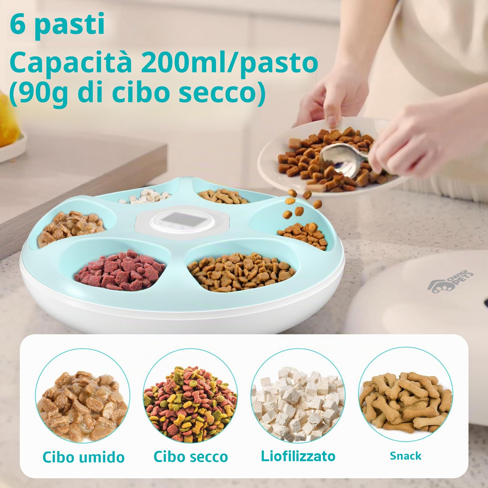 Ownpets Mangiatoia automatica per cani e gatti, due pacchetti di ghiaccio per mantenere il cibo fresco, timer programmabile, 6 pasti, alimentazione USB, per cibo secco e umido, bianco