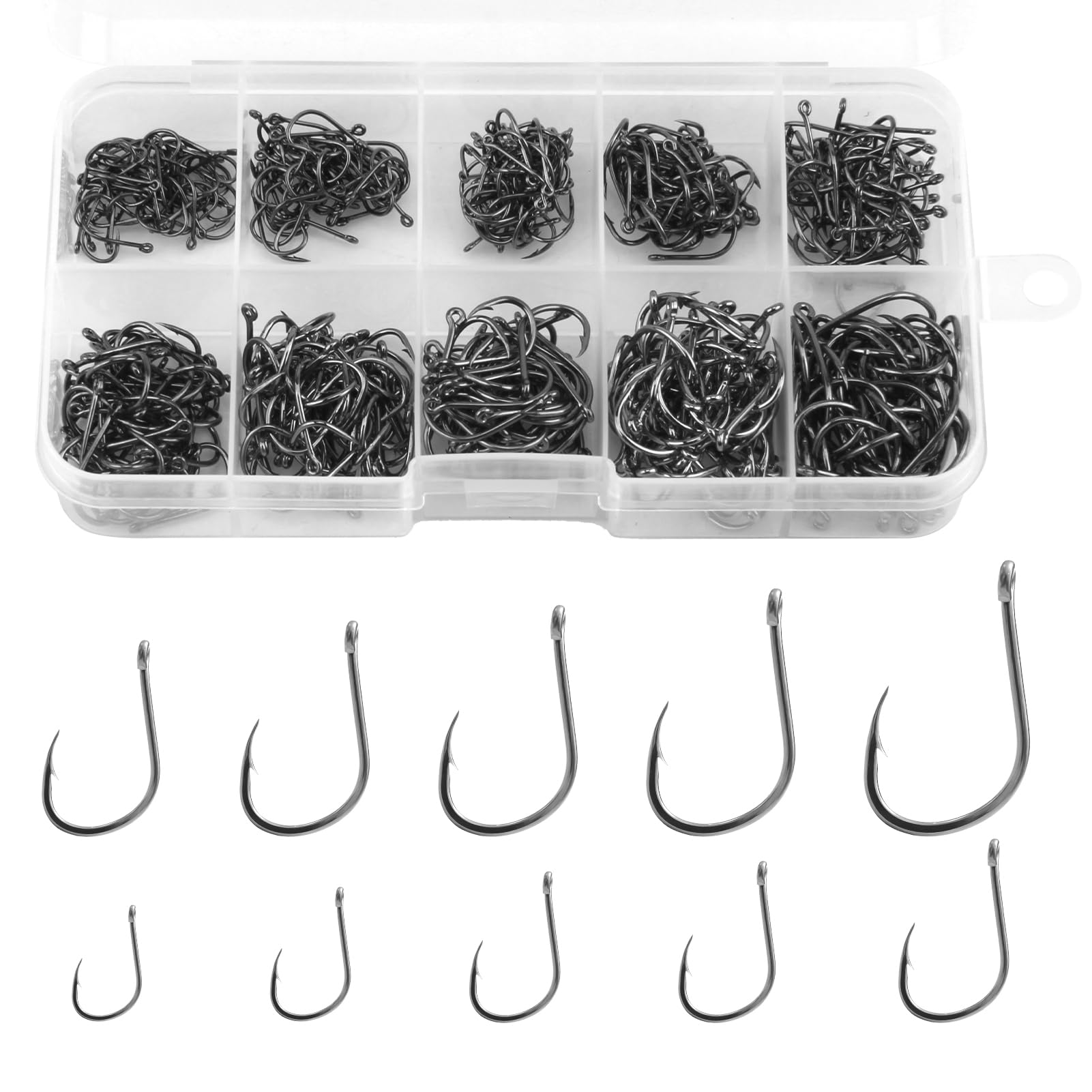 500 Pcs Fishing Hooks in 10 Sizes No.3-No.12 Carbon Steel Barbed Circle Eyed Hooks Fishing Sea Fish Eyeless Hooks Carp Fishing Tackle with Compartment Box for Saltwater Freshwater Fishing Accessories