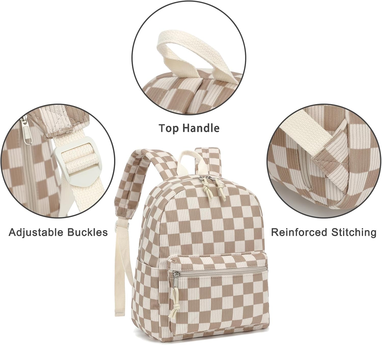 Corduroy Mini Backpack Purse Fashion Small Backpack Casual Daypack for Women Girls School Travel (Checkered Brown) - Image 4
