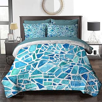 BlessLiving Mosaic Comforter Marble Bed in A Bag 8 Pieces Coastal Blue and Green Comforter Sets King Size - 1 Comforter, 2 Pillow Shams, 1 Flat Sheet, 1 Fitted Sheet, 2 Pillowcases, 1 Cushion Cover