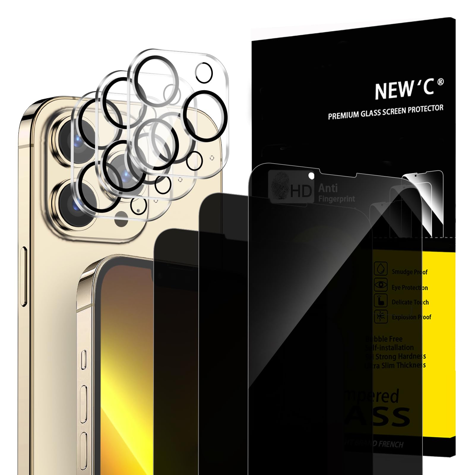 NEW'C 3x Privacy for iPhone 13 Pro Max Screen Protector (6.7 inches)+ 3x Camera Lens Protector, Sensor Protection, Tempered Glass Film +Dust Plug -