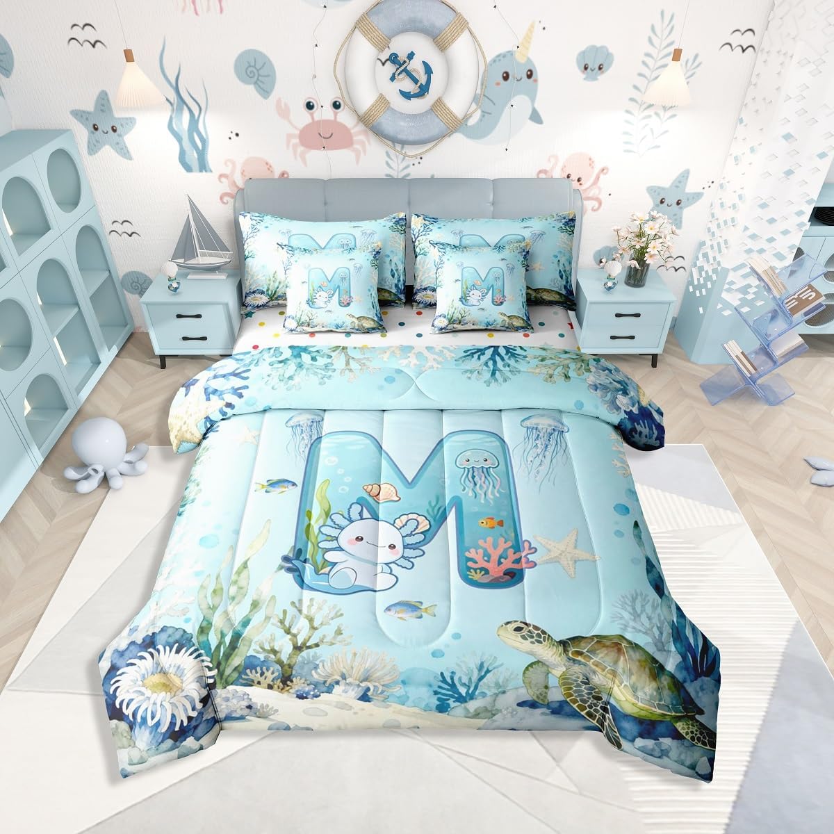 Erosebridal Blue Axolotl Queen Comforter Set 7 Piece Personalized Initial Letter M Bedding Set Cute Cartoon Ocean Animal Bed in A Bag for Kids Boys Girls,Alphabet Monogrammed Salamander Bed Set