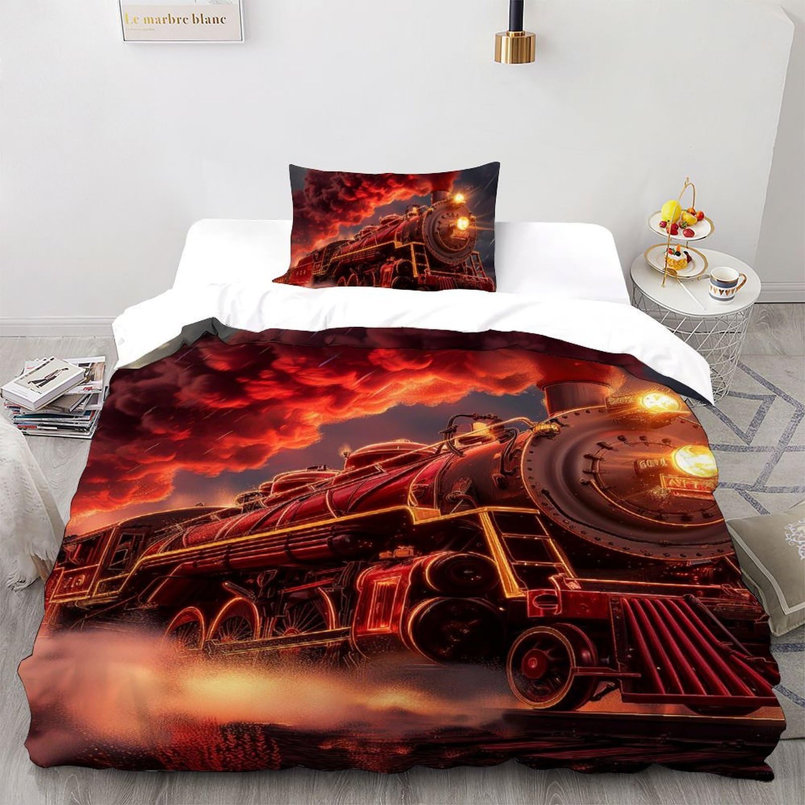 Housses de couette train rouge 3D fini le lit défait grâce à la fermeture éclair pour lit simple