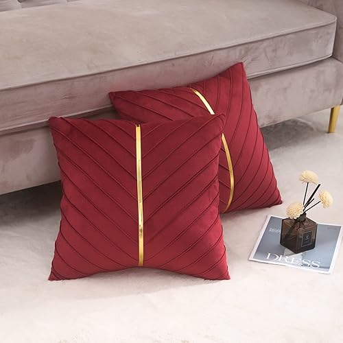 Miniatura 5 de Tosleo Fundas de almohada de terciopelo rojo de 24 x 24 pulgadas, paquete de 2 con fundas de almohada decorativas de cuero dorado para sofá, fundas