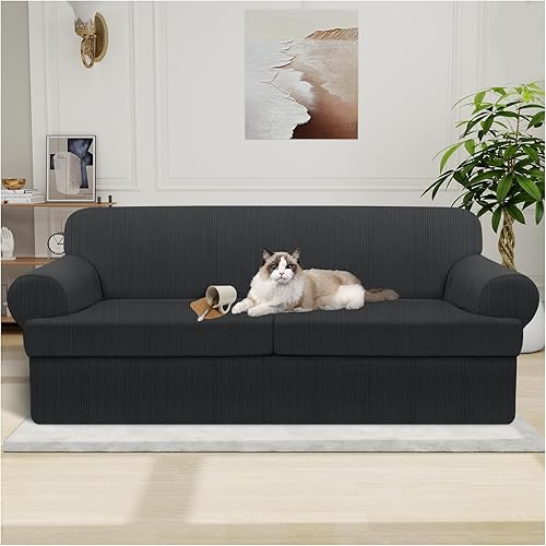 Miniatura 60 de Funda para sofá 100% impermeable, juego de 4 piezas, funda de sofá a rayas para sofá de 3 cojines, con parte inferior de TPU a prueba de fugas