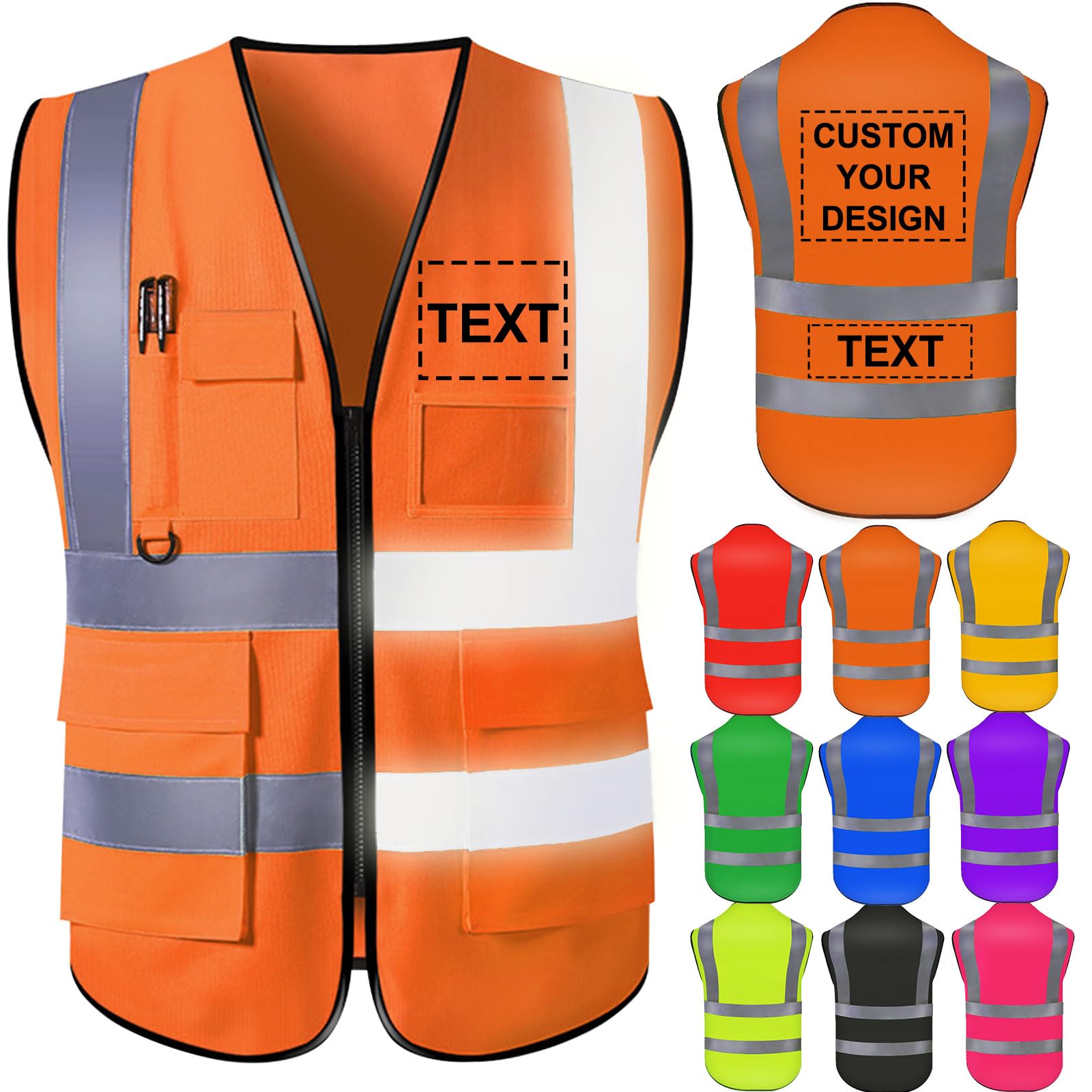 Custom Safety Vest for Men with Logo High Visibility Safety Vests Reflective with Pockets and Zipper Construction