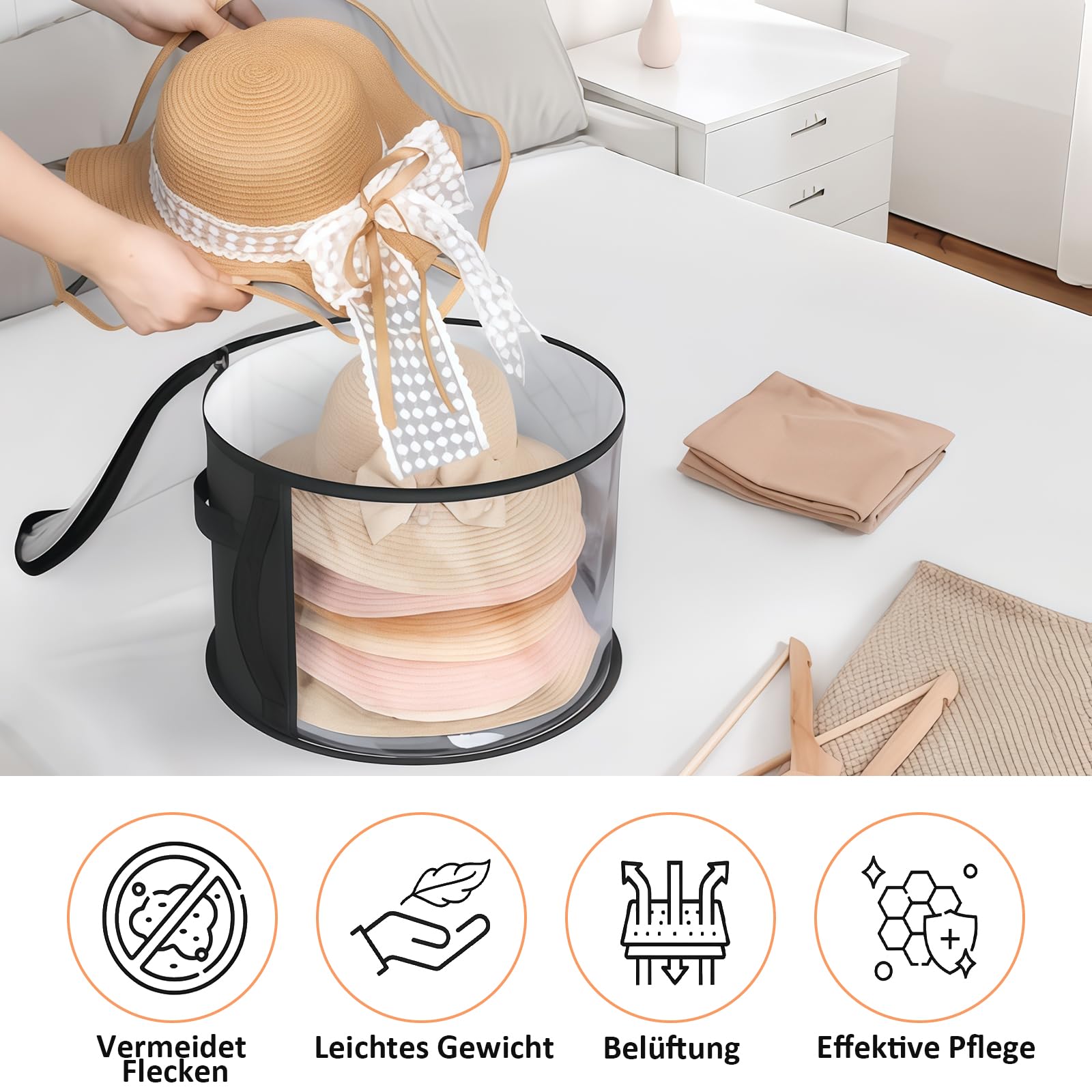 Scatola per cappelli rotonda con coperchio, valigia per cappelli rotonda, scatola per la conservazione dei cappelli con finestra trasparente e manico stabile, conservazione per cappelli per grandi