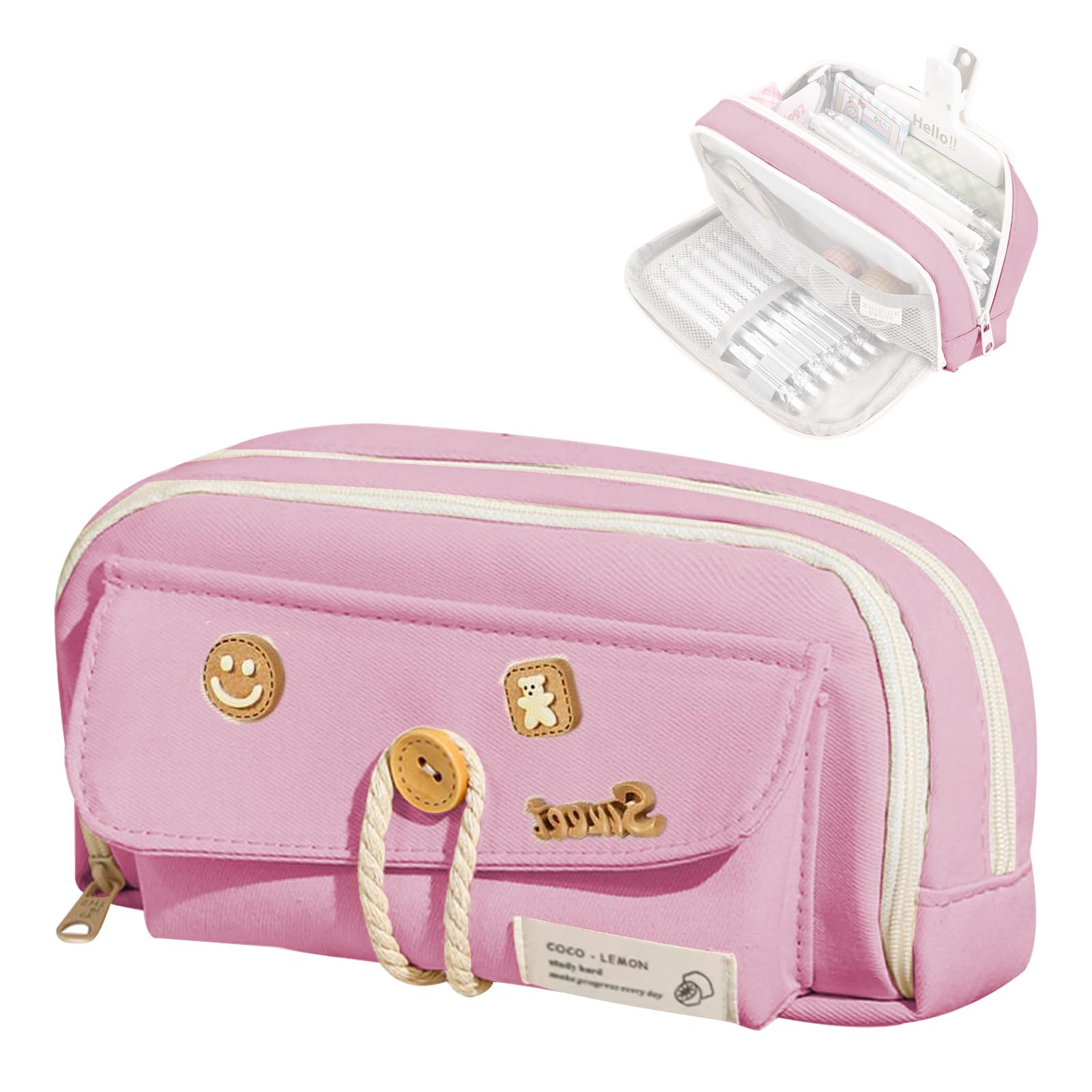 KASESSS Pencil Case, Pencil Case for Girls Cute Pencil Cases with Decorative Patches, Large Pencil Cases with 4 Compartments