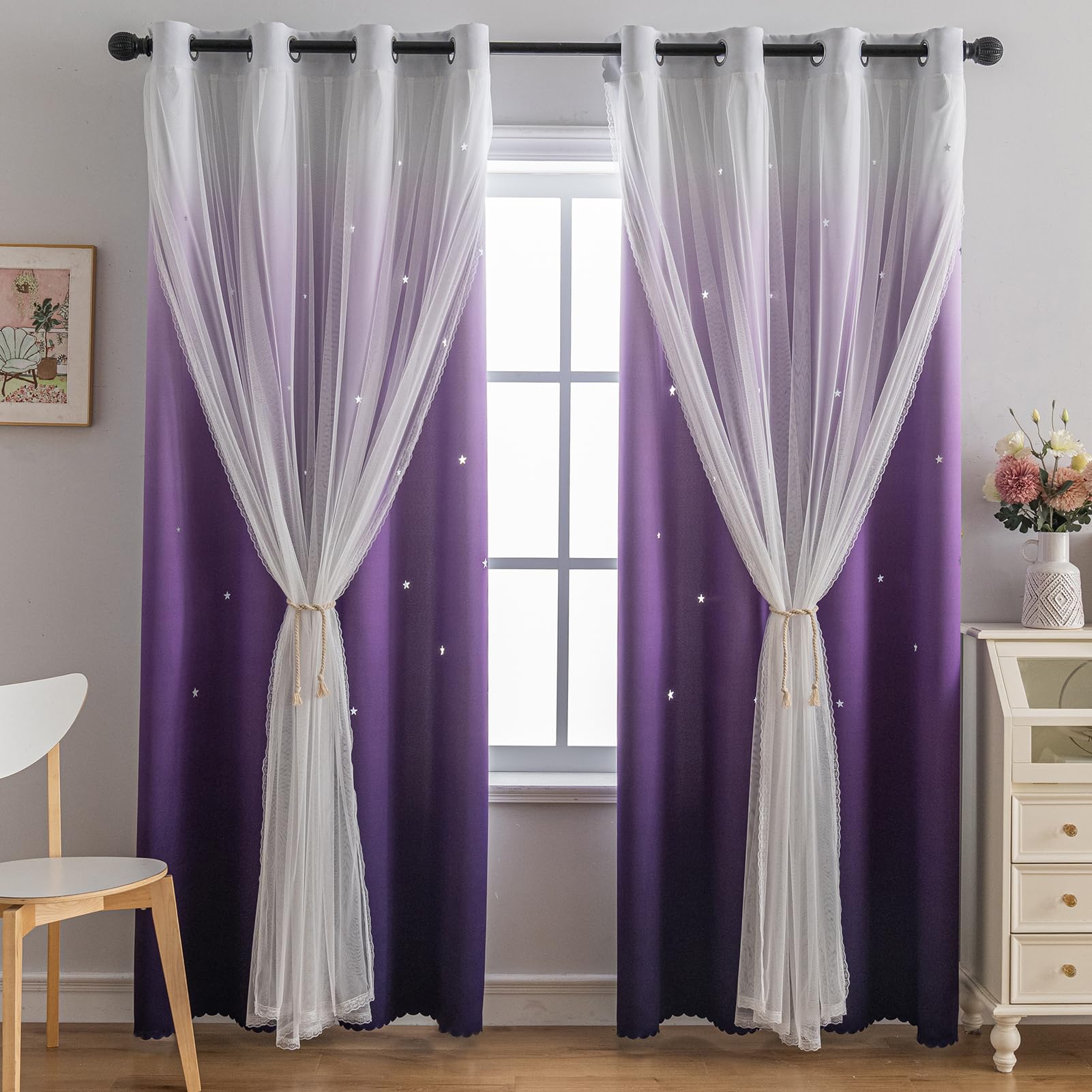indistar Verdunklungsvorhänge für Schlafzimmer, 2-lagiges Design aus Stoff und Tüll, hübscher Fenstervorhang für Kinderzimmer, 1 Paneel (B132 x L213 cm Dunkelviolett)