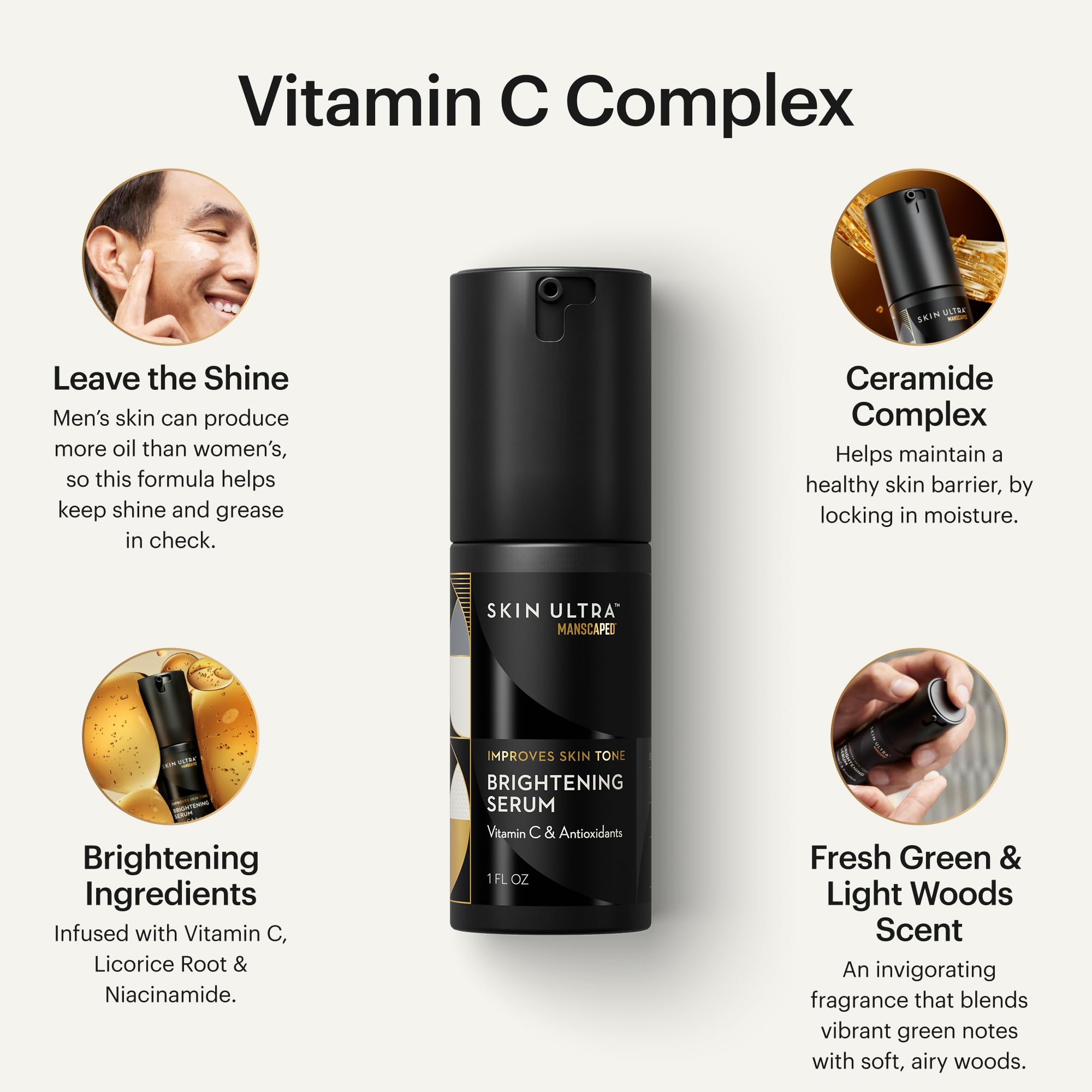 MANSCAPED® Skin Ultra™ Sérum Éclat Visage - Sérum à la Vitamine C pour Homme, Formulé pour Unifier le Teint et Atténuer l'Apparence des Rides, Enrichi en Racine de Réglisse et Niacinamide, 30 ml