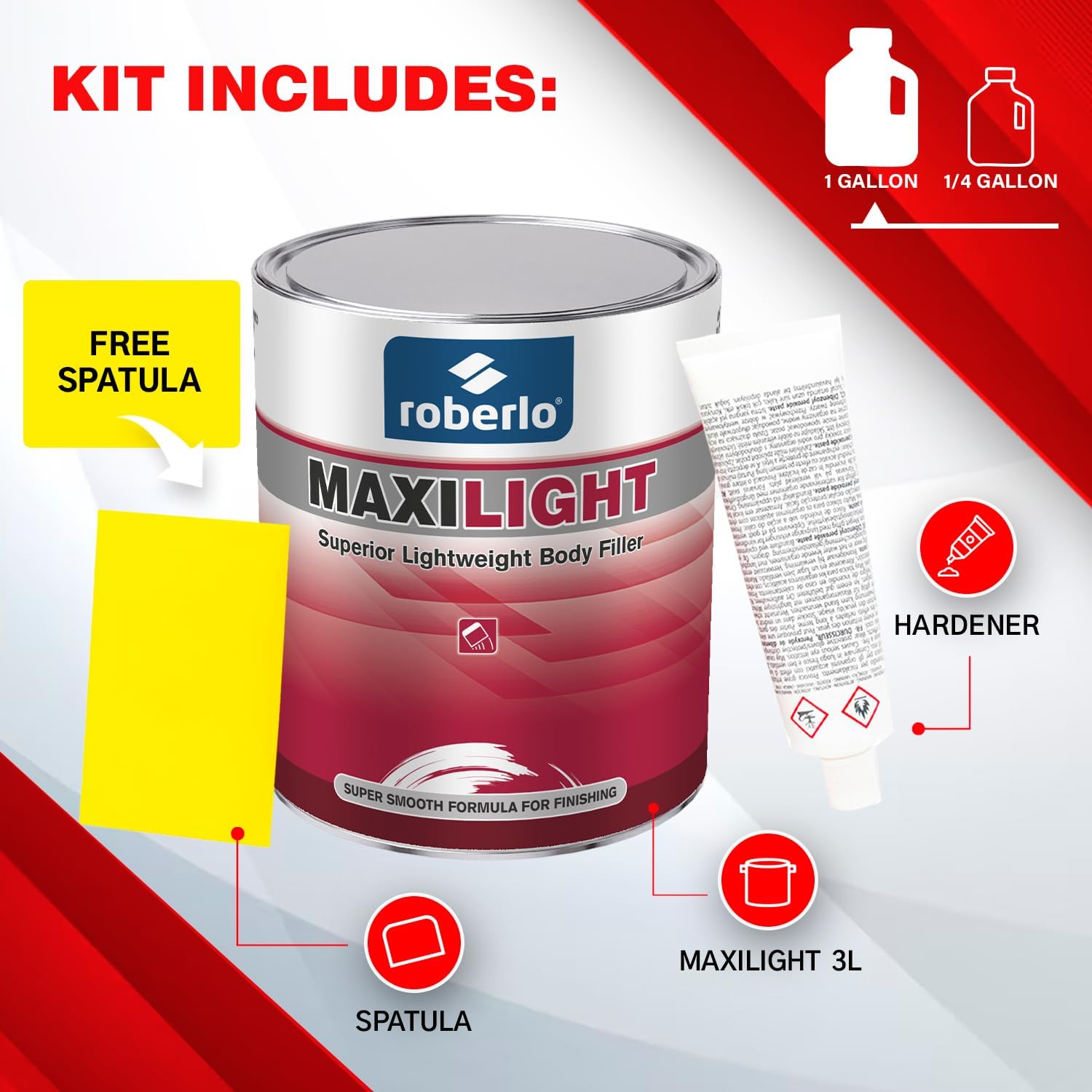 Maxilight Superior Lightweight Auto Body Filler - Easy Application, Super Smooth Self-Leveling Formula, Creamy Texture, Ideal for Large Area Repairs, Dents, Dings, Holes, Scratches & Rust