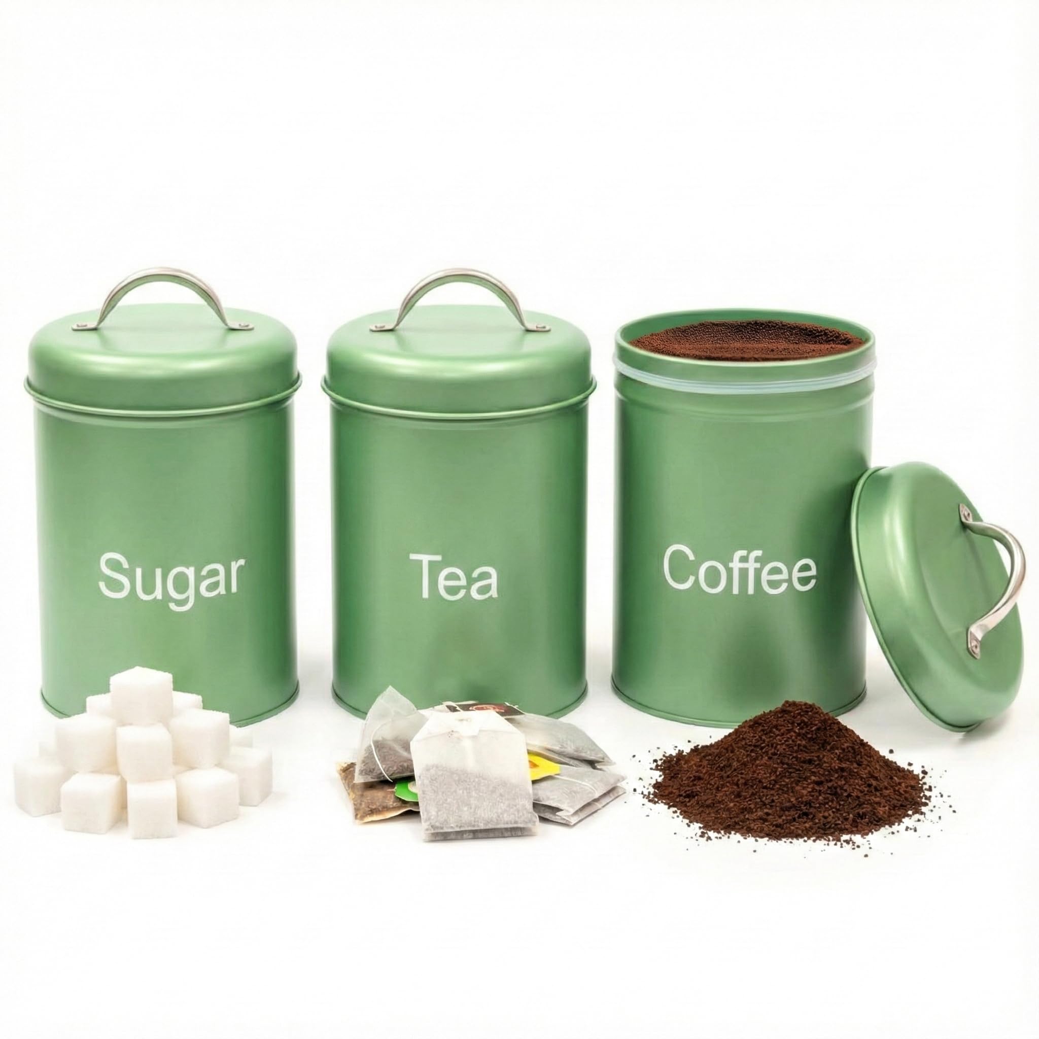 ADEPTNA 3-Piece Tea Coffee Sugar Canister Set โ Airtight Metal Kitchen Storage Jars with Lids โ Durable Round Food Containers โ Easy Clean, Minimal Modern Design for Home, Office & Camping (GREEN)