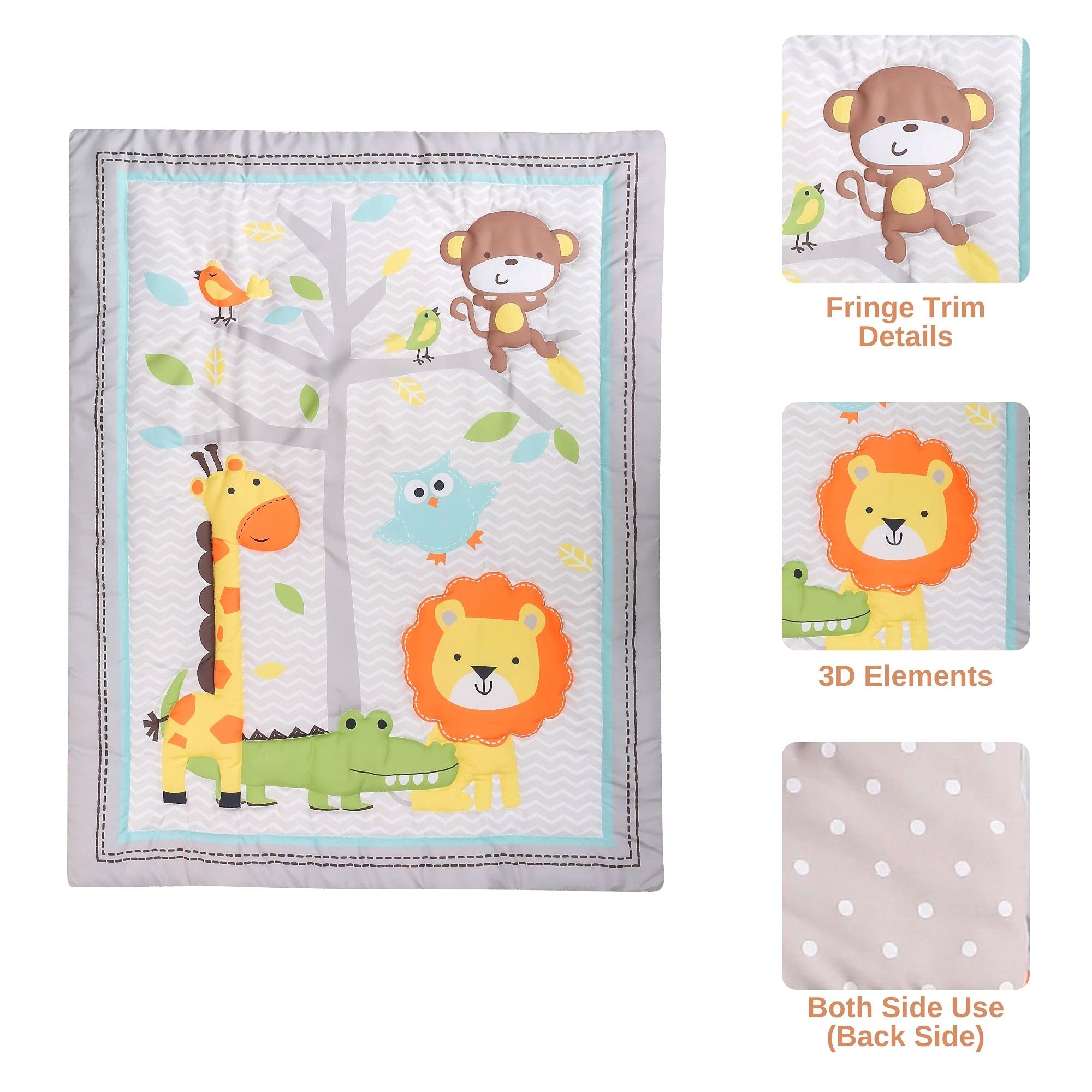 Baby Bees Juego de ropa de cama de cuna de safari de animales de 4 piezas para niños y niñas | Juego de ropa de cama de bebé, sábana de cuna, edredón, volantes antipolvo para cuna de tamaño estándar