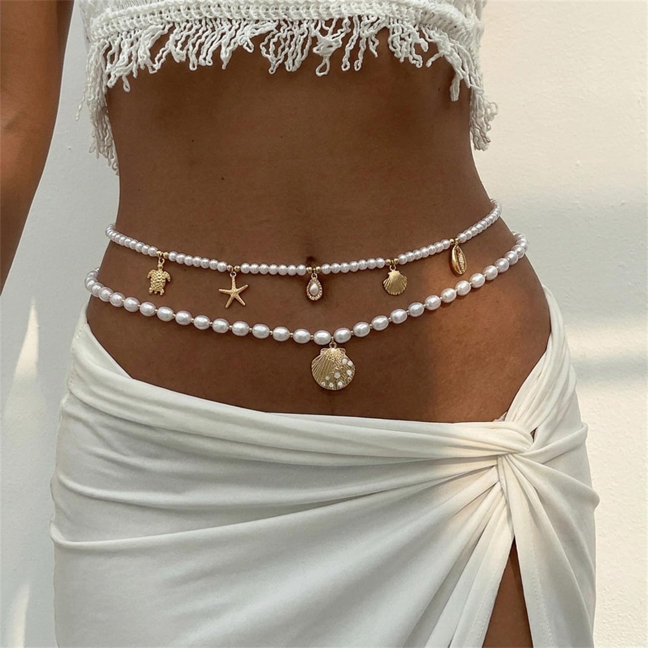 Gold Starfish Seashell Waist Chain Belt for Women Boho Mermaid Pearl Body Chain Summer Beach Vacation Bikini Jewelry Accessories