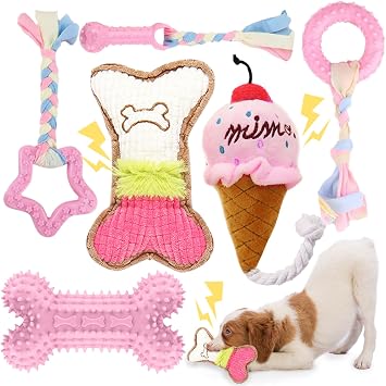 BAEJMJK 6 Pack Puppy Teething Toys Pink Small Breed Dog Chew Toys with Rope Cute Soft Rubber Puppy Toys Set لتنظيف الأسنان التفاعلية الحيوانات الأليفة الكلب
