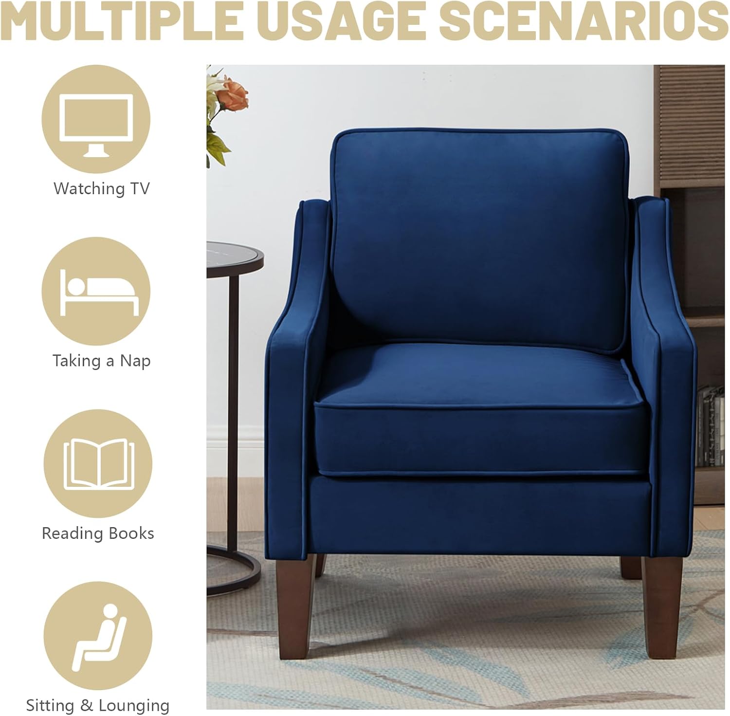 Modern Accent Chair Velvet Upholstered Single Sofa Chair with Wooden Legs Comfy Arm Chair for Living Room Bedroom, Navy