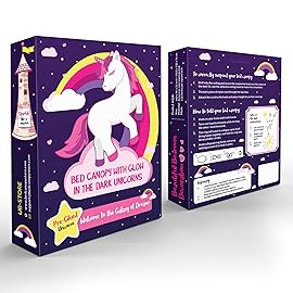 Purple Canopy for Girls Bed with Pre-Glued Glow in The Dark Unicorns - Princess Mosquito Net Room Decor - Kids & Baby Bedroom Tent with Galaxy Lights - 1 Opening Canopy Bed & Hanging Kit Included