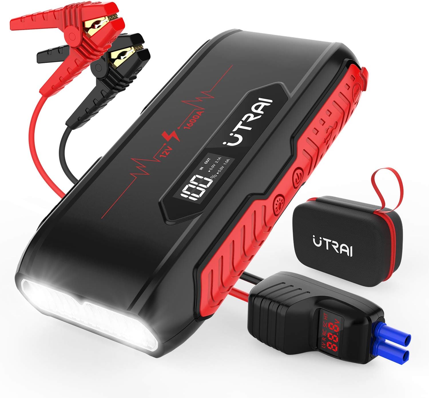 Jstar 3 Car Jump Starter With Lcd Screen Smart Clamps, 1600A 20000Mah (Up To 7L Gas Or 6L Diesel Engine) 12V Auto Battery Booster Portable Power Pack With Built-In 10 Leds Light, Safe Protection