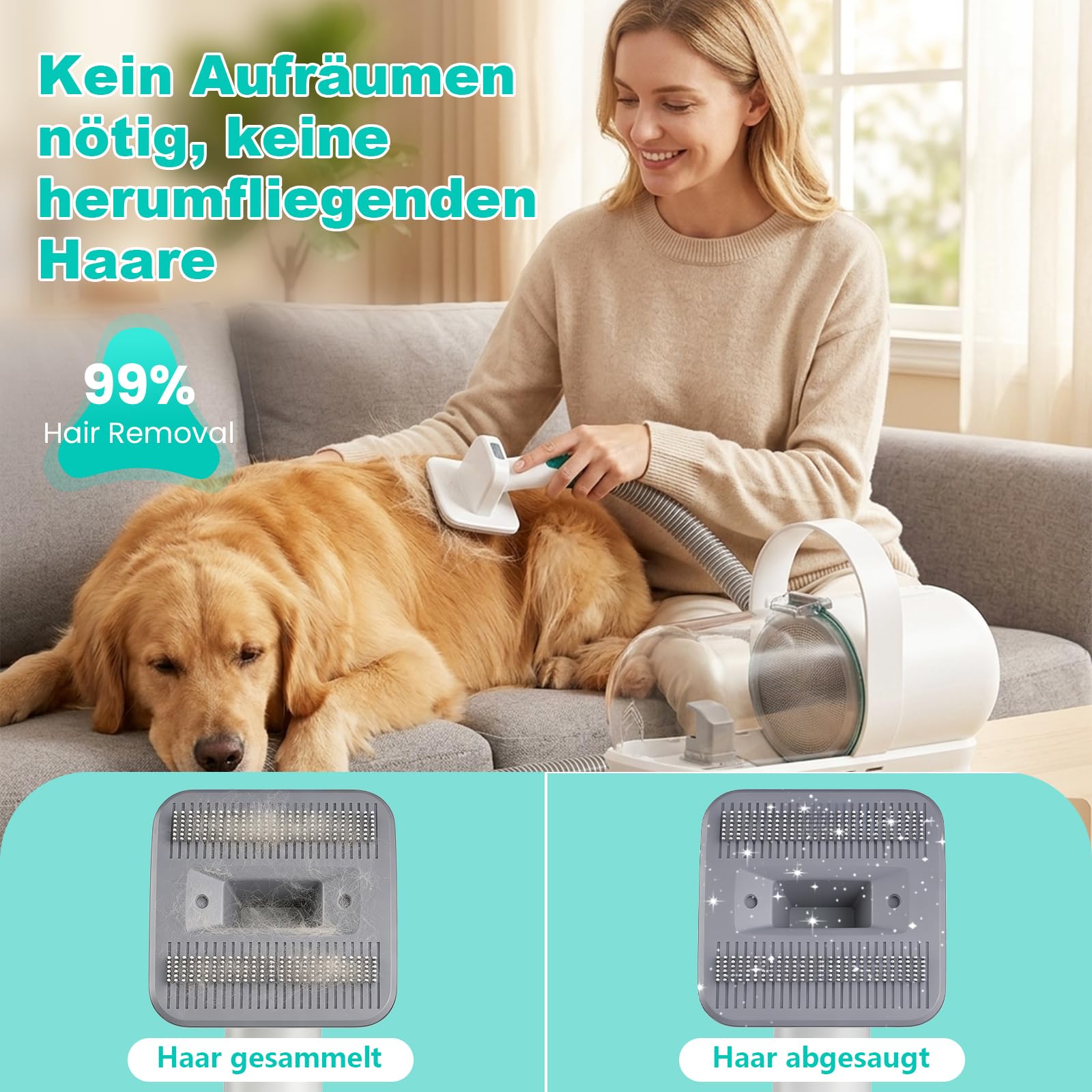 Hundeschermaschine mit Staubsauger, 13000 Pa Super Saugkraft & 99,99% Tierhaar-Aufnahme, Leise Haustierpflegeset mit 7 Pflegewerkzeugen für Hunde und Katzen