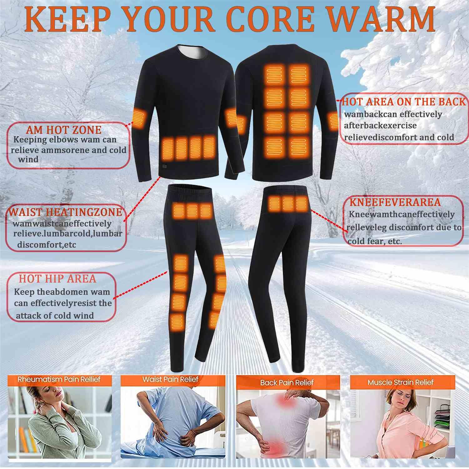scosao Hombre Ropa Interior Térmica Calefactable USB 30 Zonas Conjunto Térmico de Invierno con Camiseta Manga Larga y Pantalones para Esquí Moto