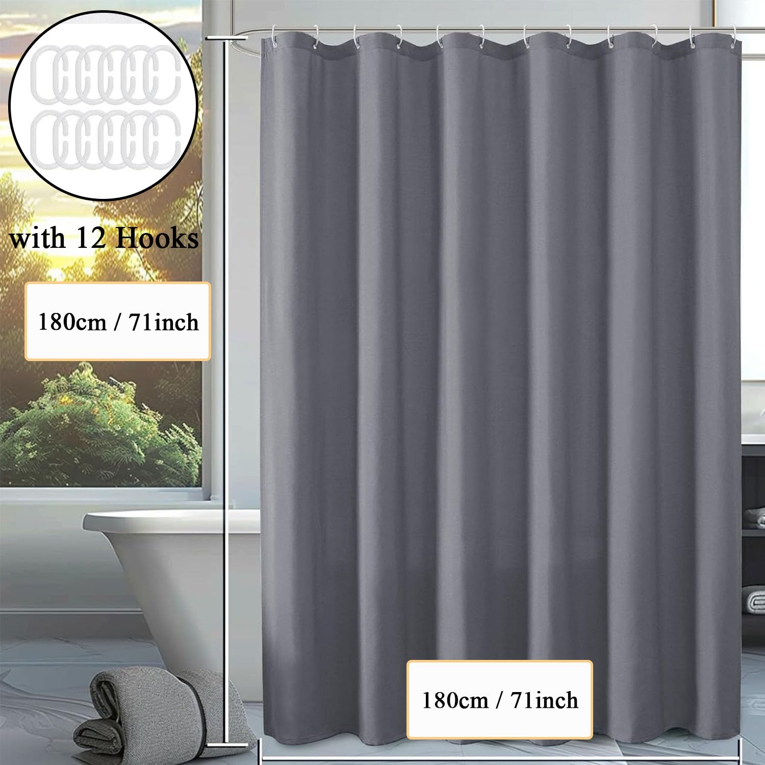 hzkais Grey Shower Curtain, Mould Proof and Mildew Resistant Washable Bathroom Curtains - Image 2
