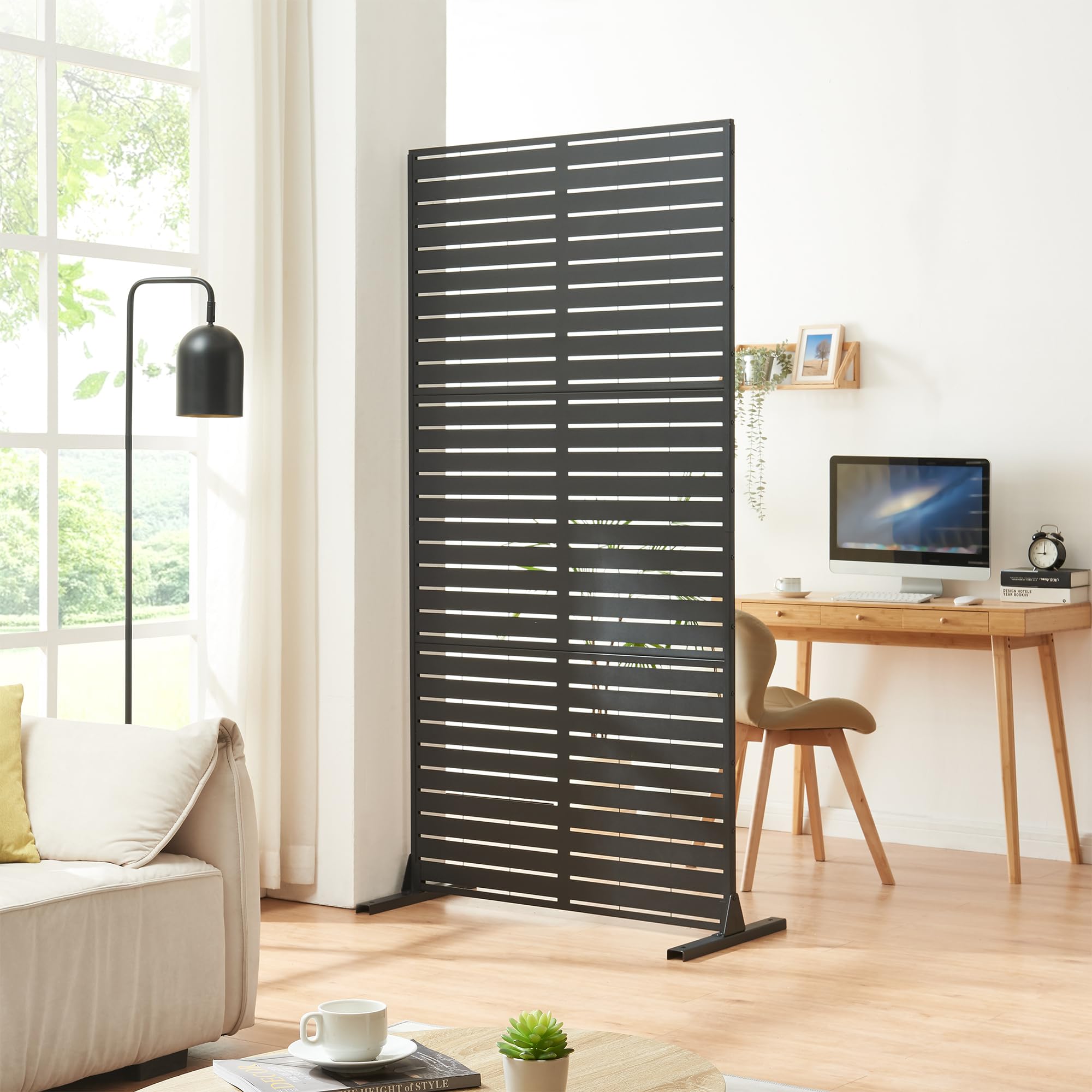 casa.pro Paravent Trolu Indoor Trennwand Raumteiler für Wohnzimmer Büro Metall 200 x 100 x 50 cm Raumtrenner freistehend Lamellenoptik Schwarz
