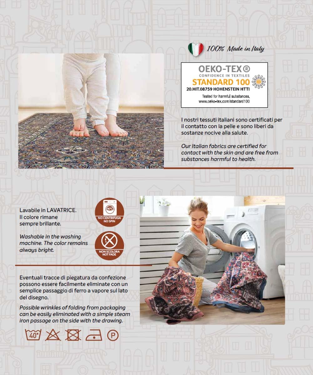 Pierre Tappeti HAMADAN cm.74x160 arredo salotto soggiorno camera, stile classico tradizionale riproduzione motivi persiani orientali. Lavabile, anti-scivolo, 100% Made in Italy
