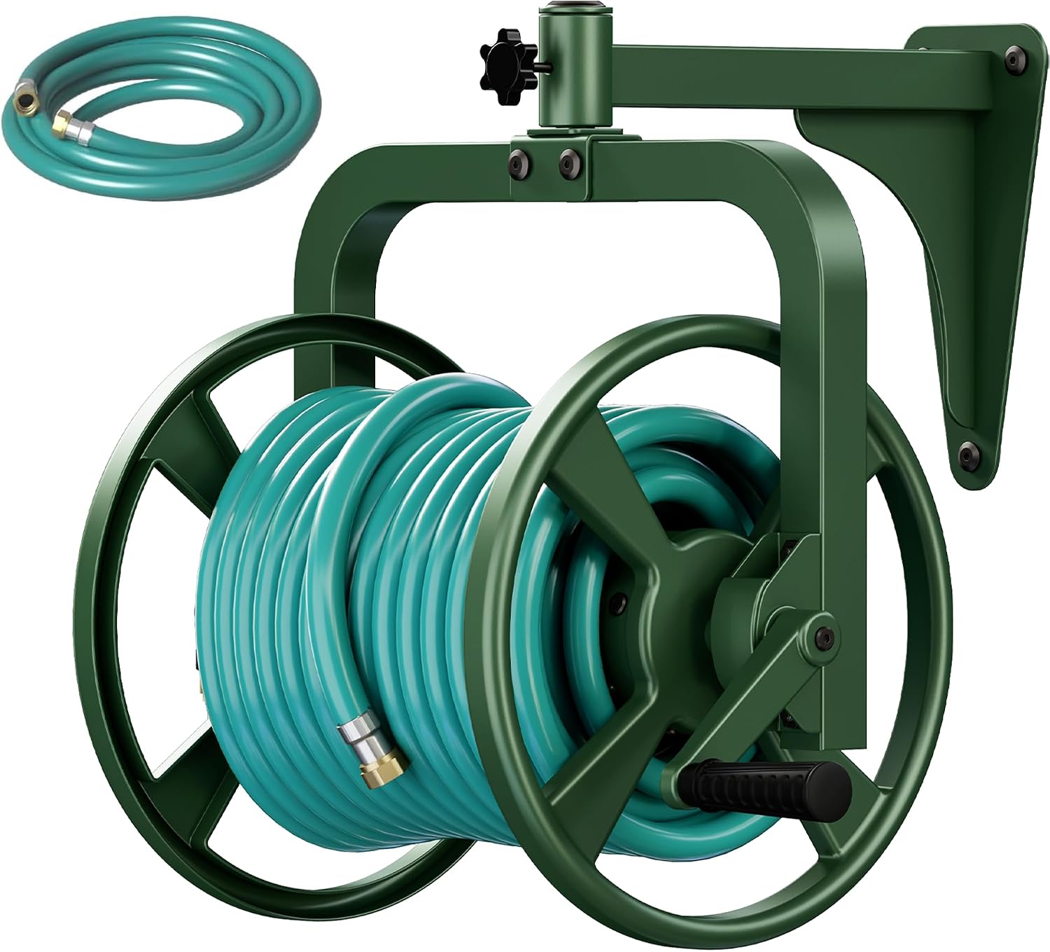 Artigarden Rotating 360° Garden Hose Reel, Wall Mounted Hose Reel Holder Holds 165ft of 5/8'' Hose, Outdoor Heavy Duty Metal Water Hose Organizer Storage Rack with 3.9ft Leader Hose for Outside, Green - Amazon product rated Grade D