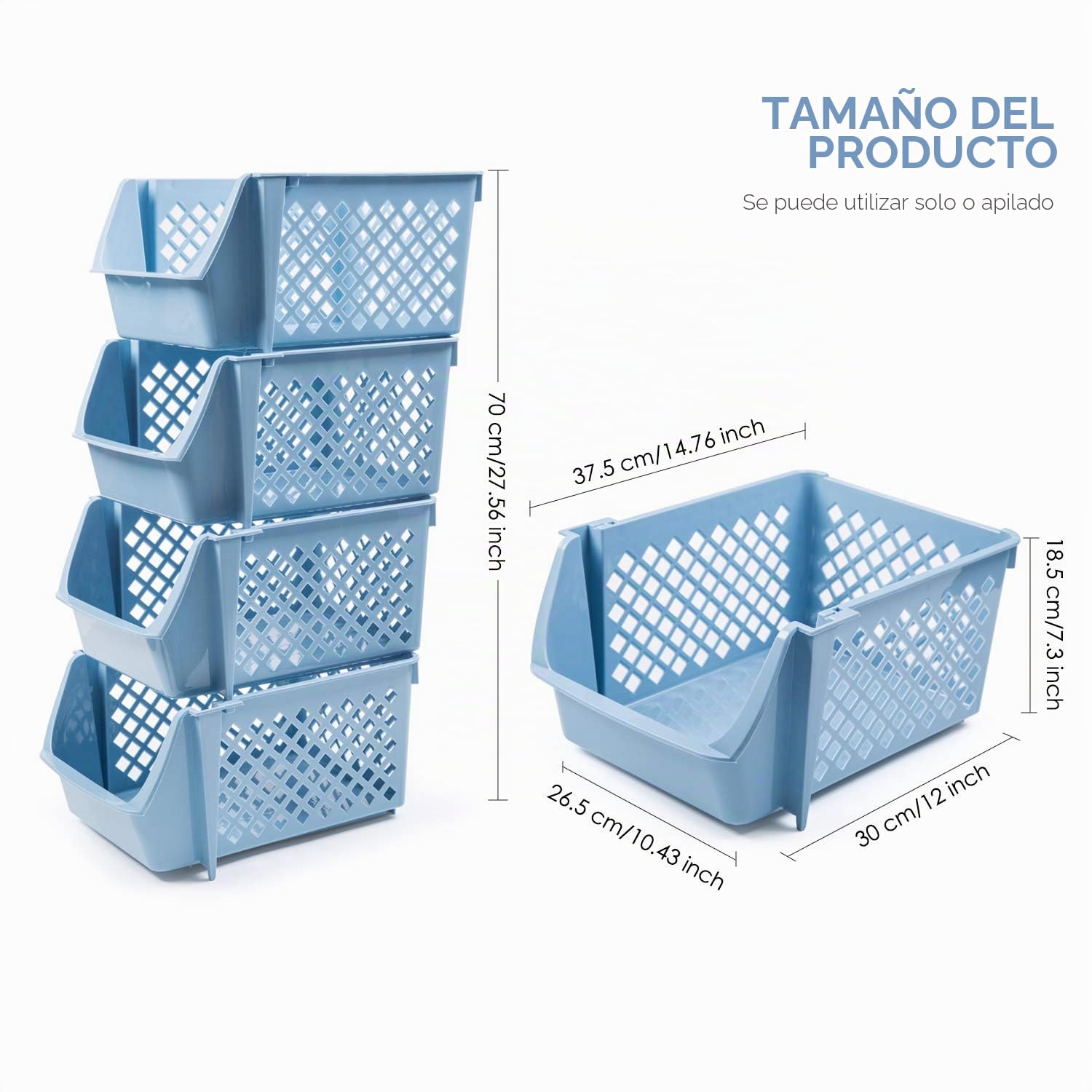 Juego de 4 cestas de almacenamiento apilables para alimentos, aperitivos, juguetes, artículos de tocador, contenedores de almacenamiento de plástico, color azul
